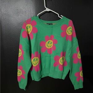 SHEIN Green Sweater with Pink Floral Design